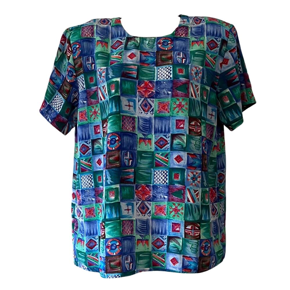 Vintage Petite Sophisticate Colorful Print Blouse Size Medium Short Sleeves